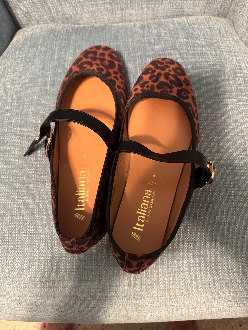 Italiana Leopard-Print Mary Jane Flats with Black Strap